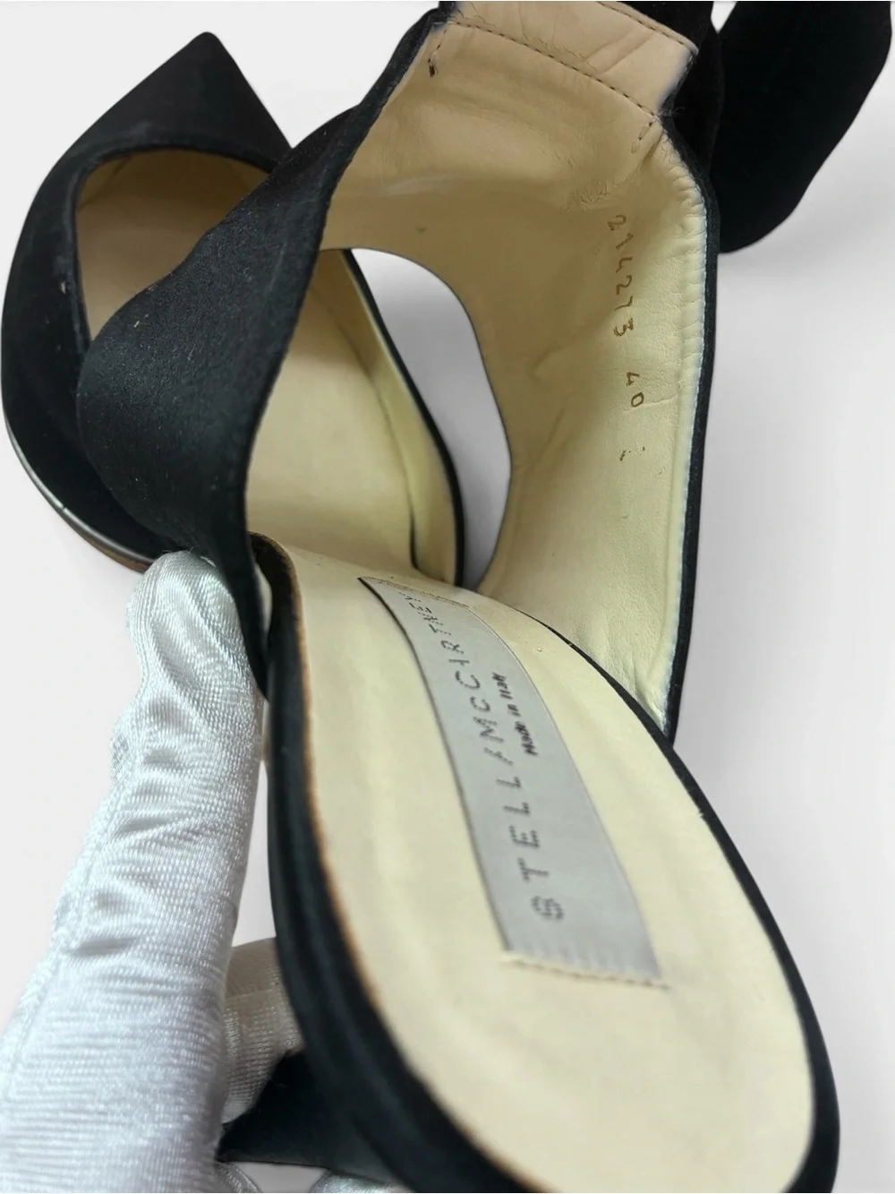 Stella McCartney Black Satin Pointed Slingback Heels with Ankle Cuff